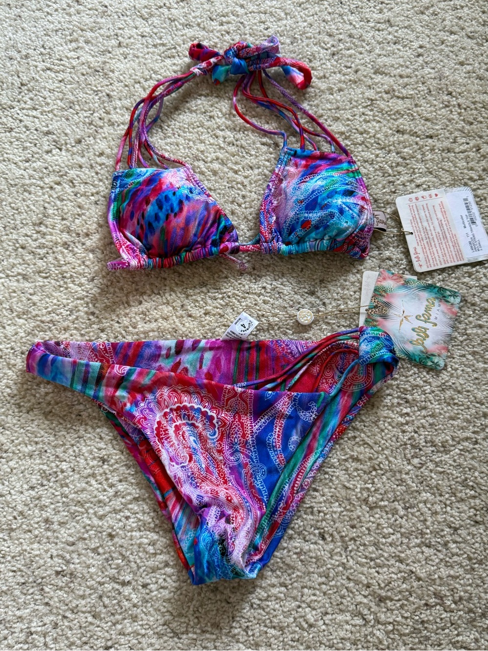 Luli Fama Multicolor Paisley String Bikini - Pink, Blue, Purple, Red